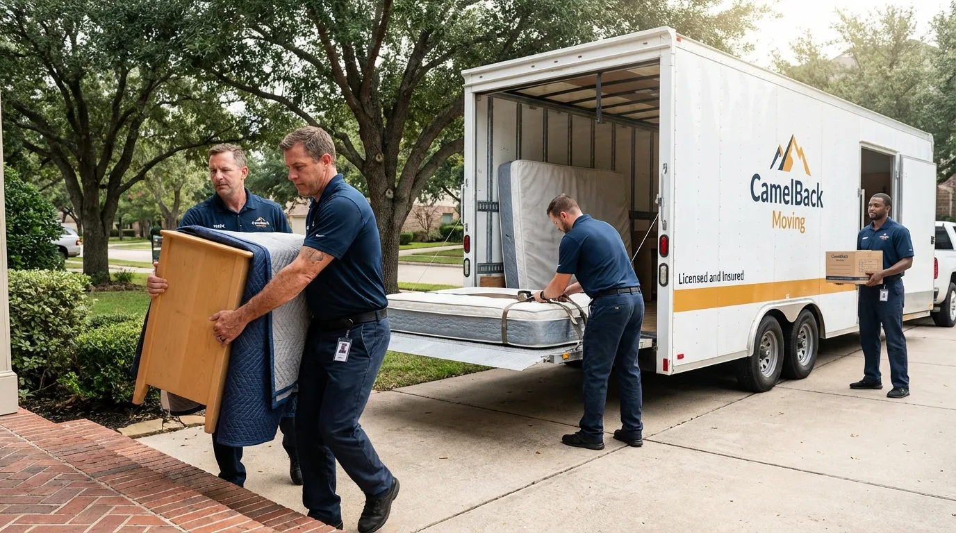 Crew loading residential truck for cross-state move from Amherst, WI