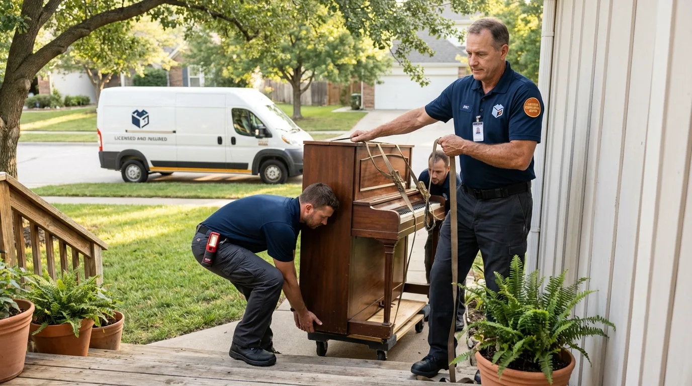 Licensed piano movers securing grand piano in Amherst, WI