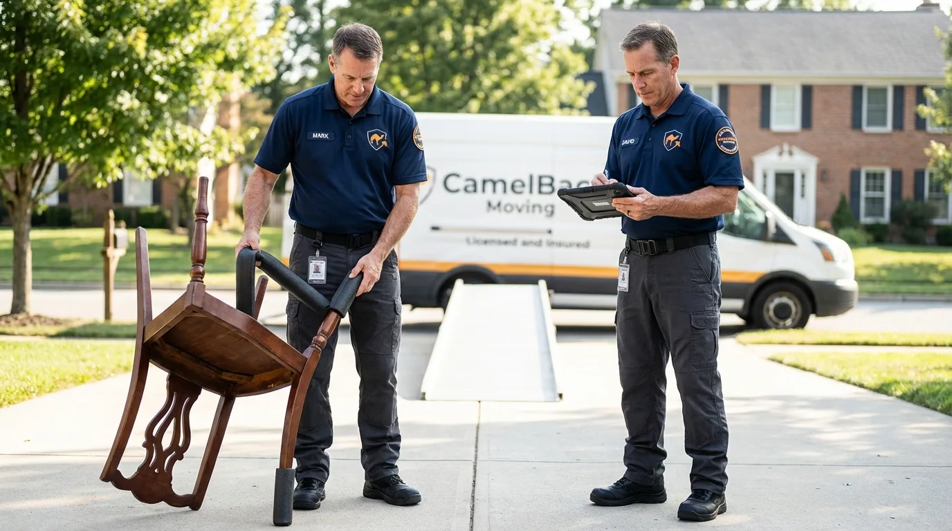 Movers inspecting furniture for damage prevention before loading in Amherst, WI